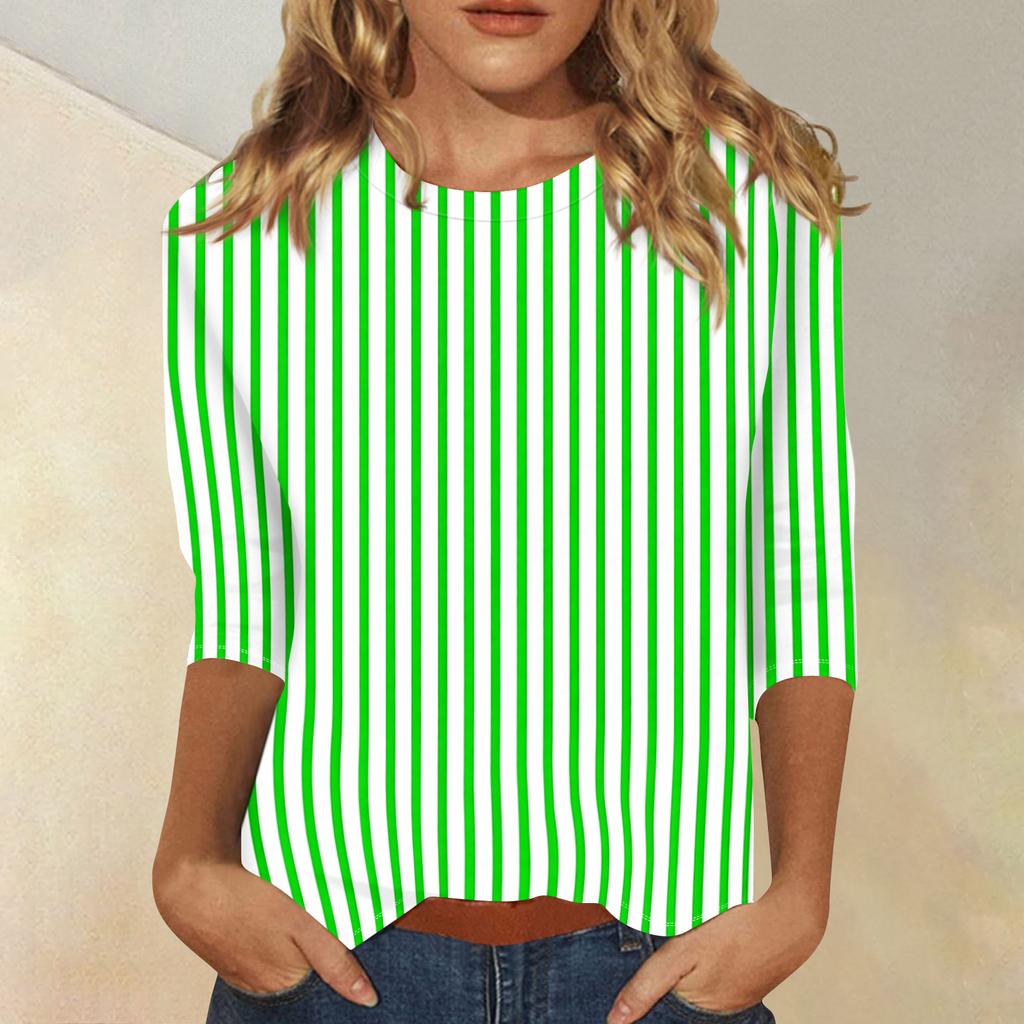 Women's Fashionable Casual Three-Quarter Sleeve Striped Print -Neck T-Shirt Top