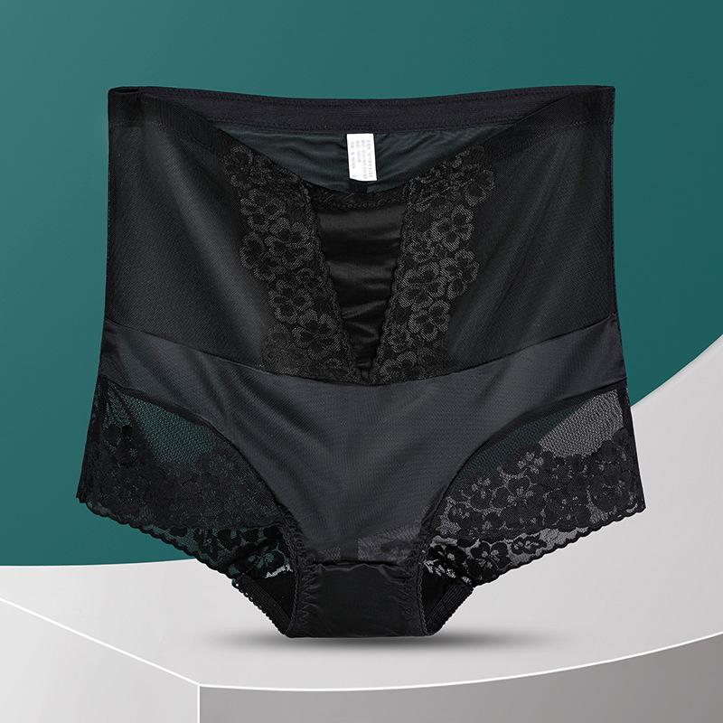 Plus Size Female Summer Hollowed-out Lace Ice Silk Sheer Mesh High Waist Tummy Tuck Panties