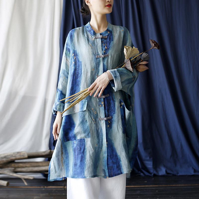 Women's Ethnic Print Retro Stand Collar Midi Shirt with Frog Button, Sun Protection, Loose Fit, Plus Size Outerwear.