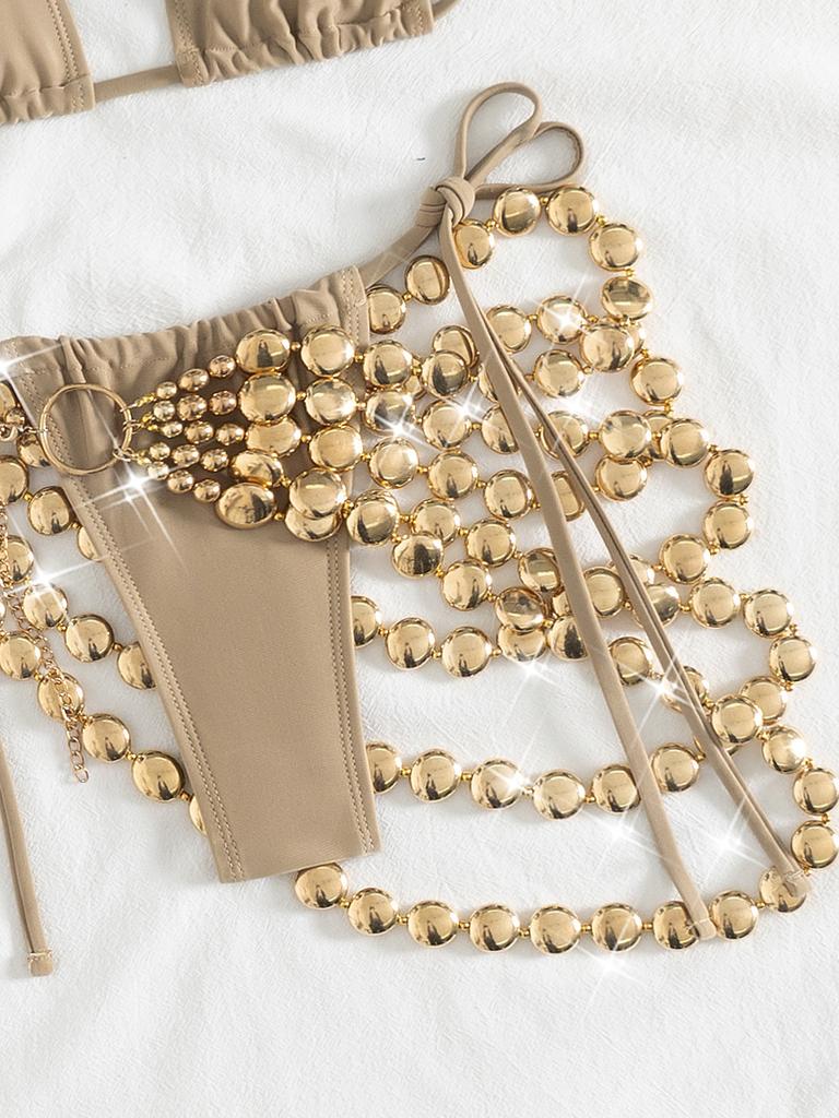 New Khaki Bikini Set 2025 Women Hollow Out Chain Skirt 3 Piece Swimsuit Beach Bathing Suit Push Up Holiday Swimwear Biquini