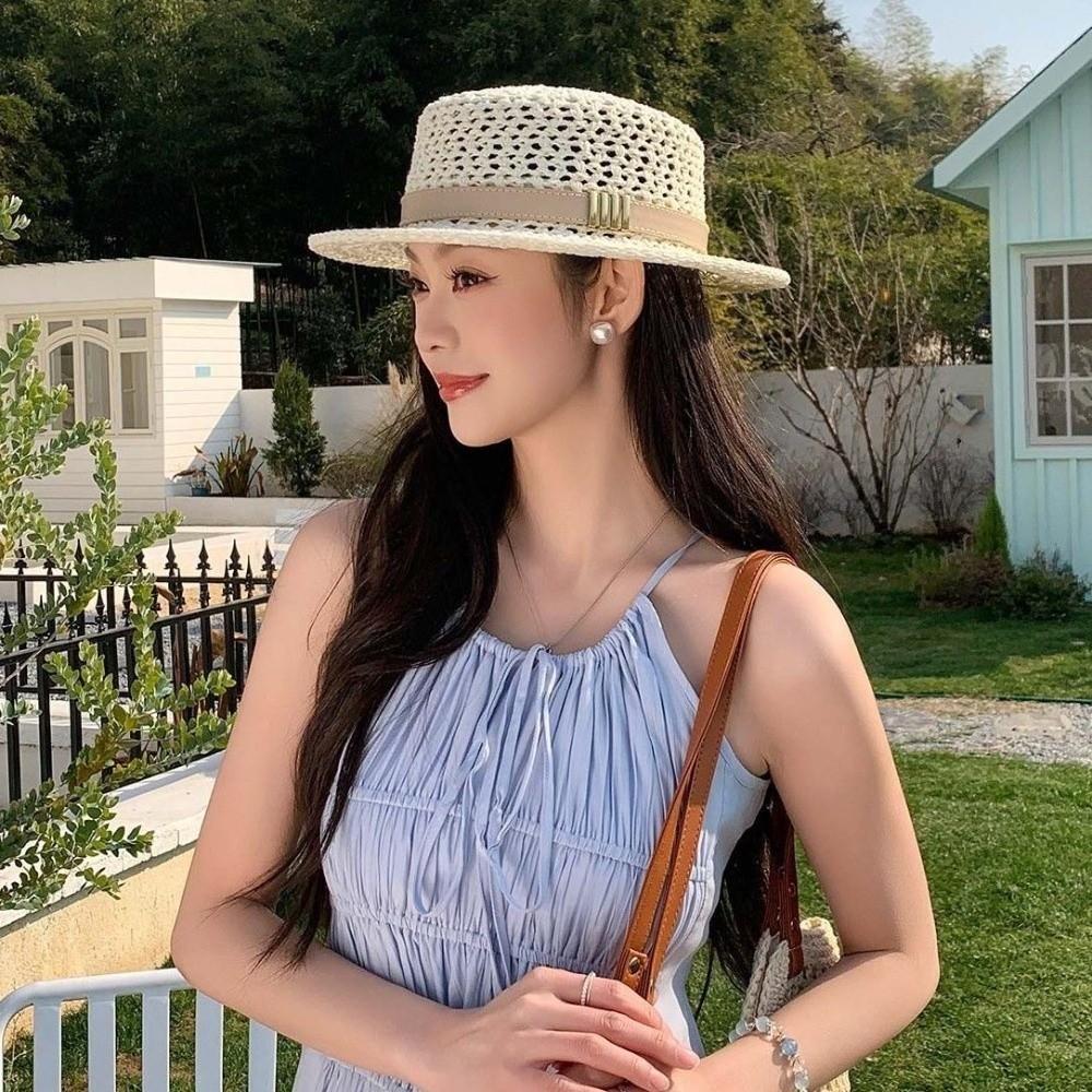 Sun Protection Straw Boater Hat Lightweight Flat Top Beach Hat Handwoven Sun Cap Garden Tea Party