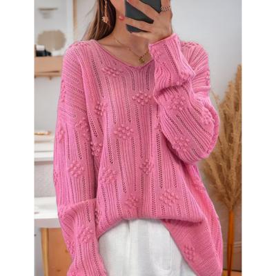 Tooxika 2024 Autumn And Winter New Solid Color Long-sleeved Hollow Jacquard V-neck Knitted Sweater Pullover Sweater For Women