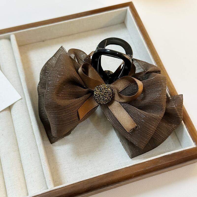 

Элегантная заколка-бант из черного сатина со стразами - Женский аксессуар-краб