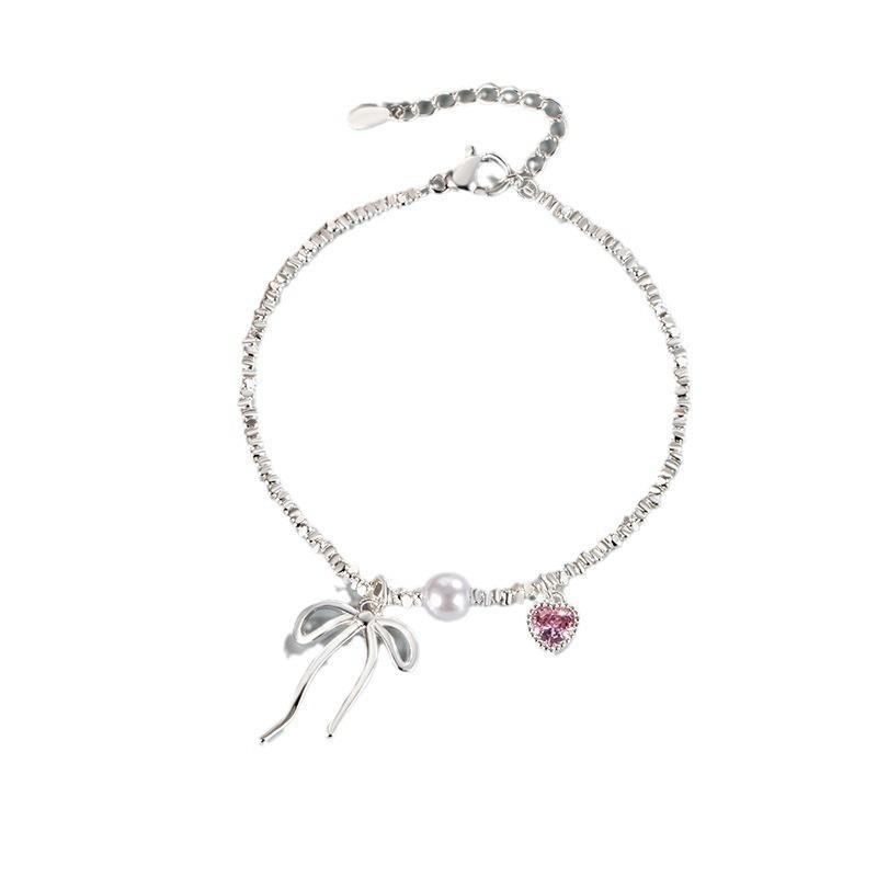 Romantic Pink Crystal Heart Pendant Bangles For Women Silver Color Small Square Bead Bow Bracelet Good Friend Jewelry Gift
