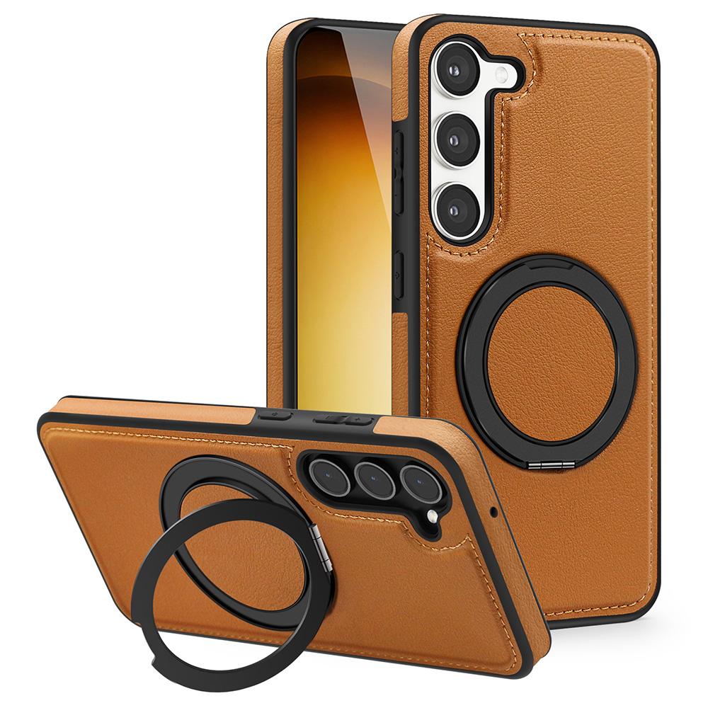 

For Samsung Galaxy S23+ Case with Ring Kickstand Compatible with MagSafe PU Leather Back Cover Brown