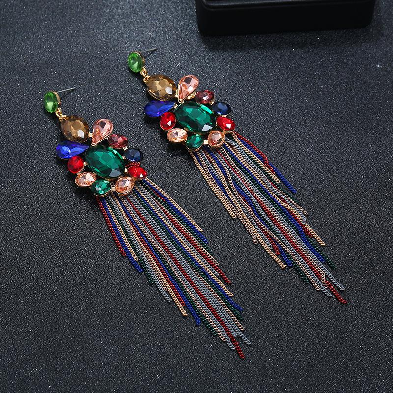 Long Crystal Fringed Stud Earrings Women's Retro Temperament Versatile Earrings Show Face Thin Fashion Personality New Earrings