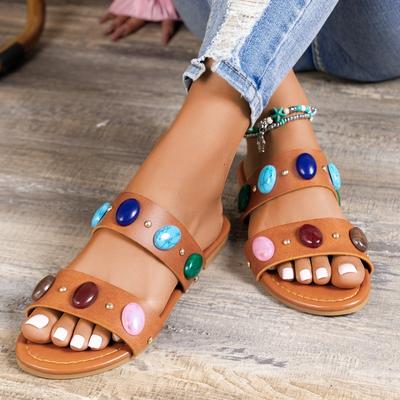 Mode 2024 Neu Böhmischer Stil Sommer Mode Damen Römische Sandalen Edelsteinbesetzt Übergröße Strandschuhe für Damen Hausschuhe für Damen