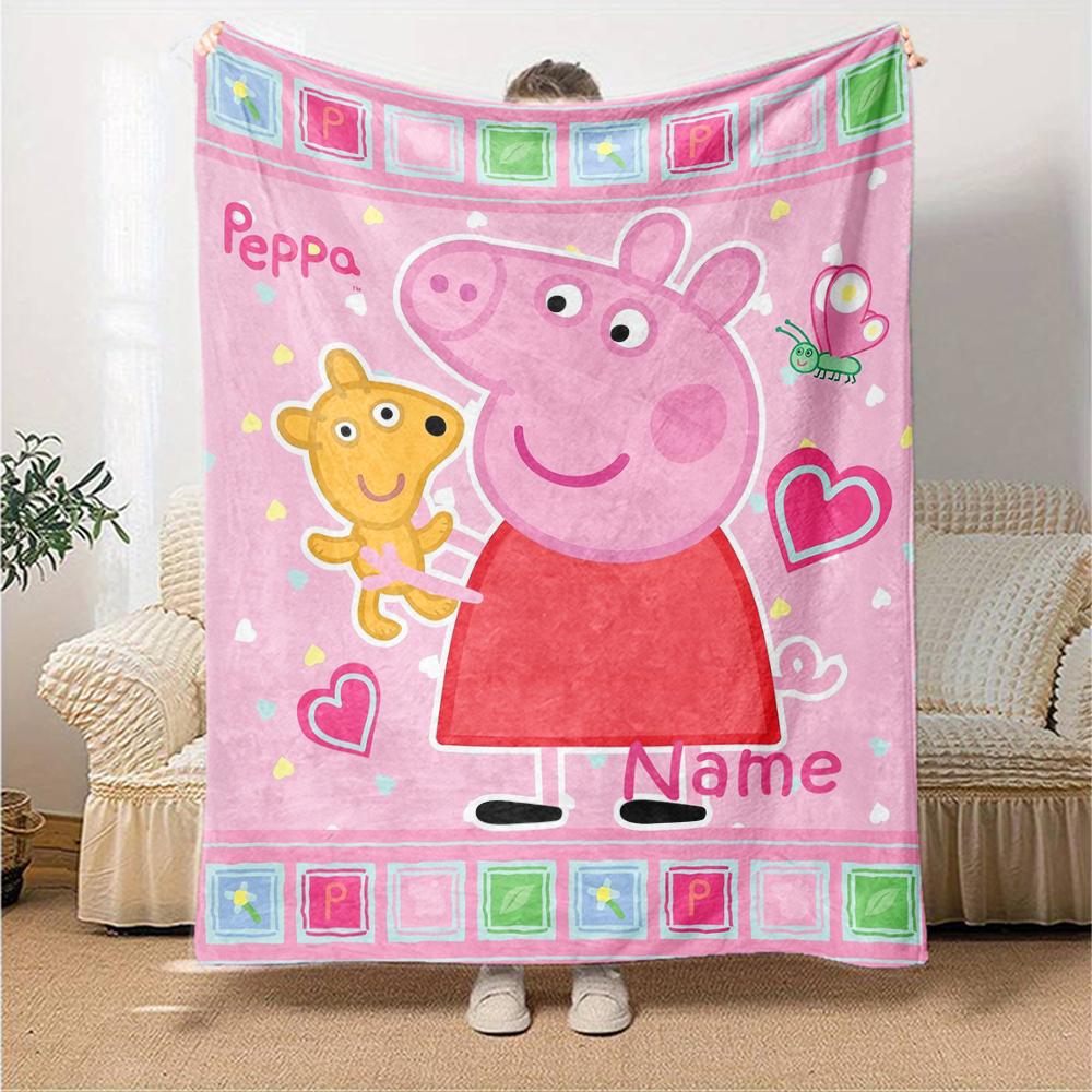 Custom Name Peppa Pig Theme Printed Blanket - Perfect for Couch, Bed, Travel & Outdoor Use | Machine Washable, Cozy & Durable.