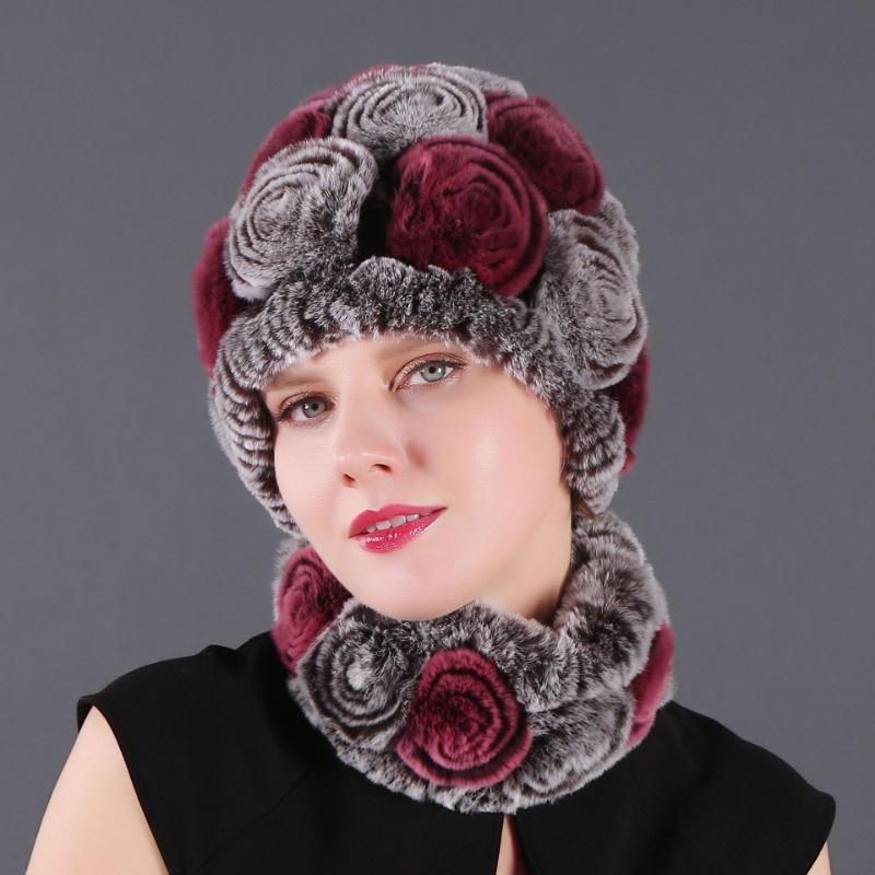 Rex Rabbit Rose Hat and Flower Scarf Set Specializing in the production of Rex Rabbit Scarf Hat Two-piece Adult Hat