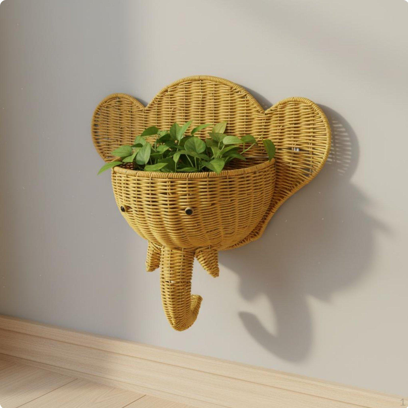 Woven Elephant Planter Iron Frame Head Wall Basket Animal Shaped Hanging for Kids,