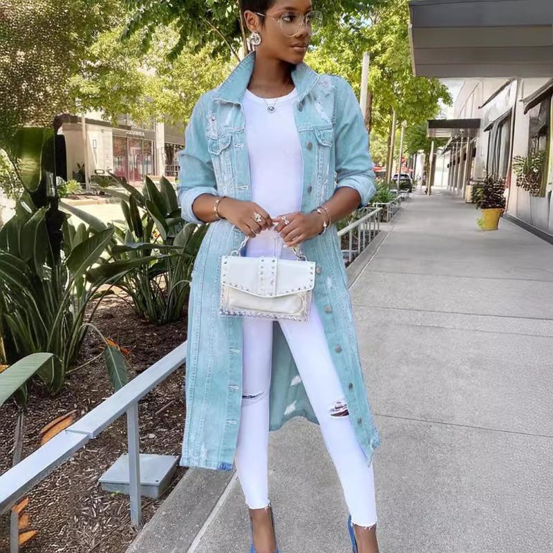 

Джинсовый Тренч женский повседневный ветровка 2025 весна осень новый джинсовый длинный тренчкот рваная однотонная джинсовая куртка верхняя одежда 2XL светло-синий