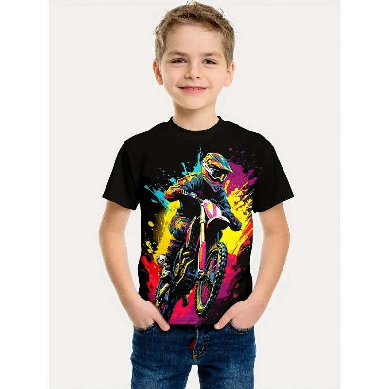 Summer Round Neck 3D Printed Motorcycle Rider Pattern Top Fashionable Casual Short Sleeved Children's Boy T-shirts