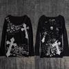 TrendHub Y2K Millennium Gothic Cross Chain Faded Print Long Sleeve Base Shirt Bottom Script Text Rivet Cuff Tee