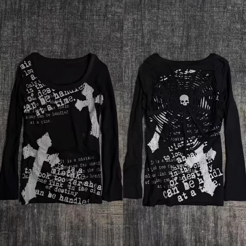 TrendHub Y2K Millennium Gothic Cross Chain Faded Print Long Sleeve Base Shirt Bottom Script Text Rivet Cuff Tee