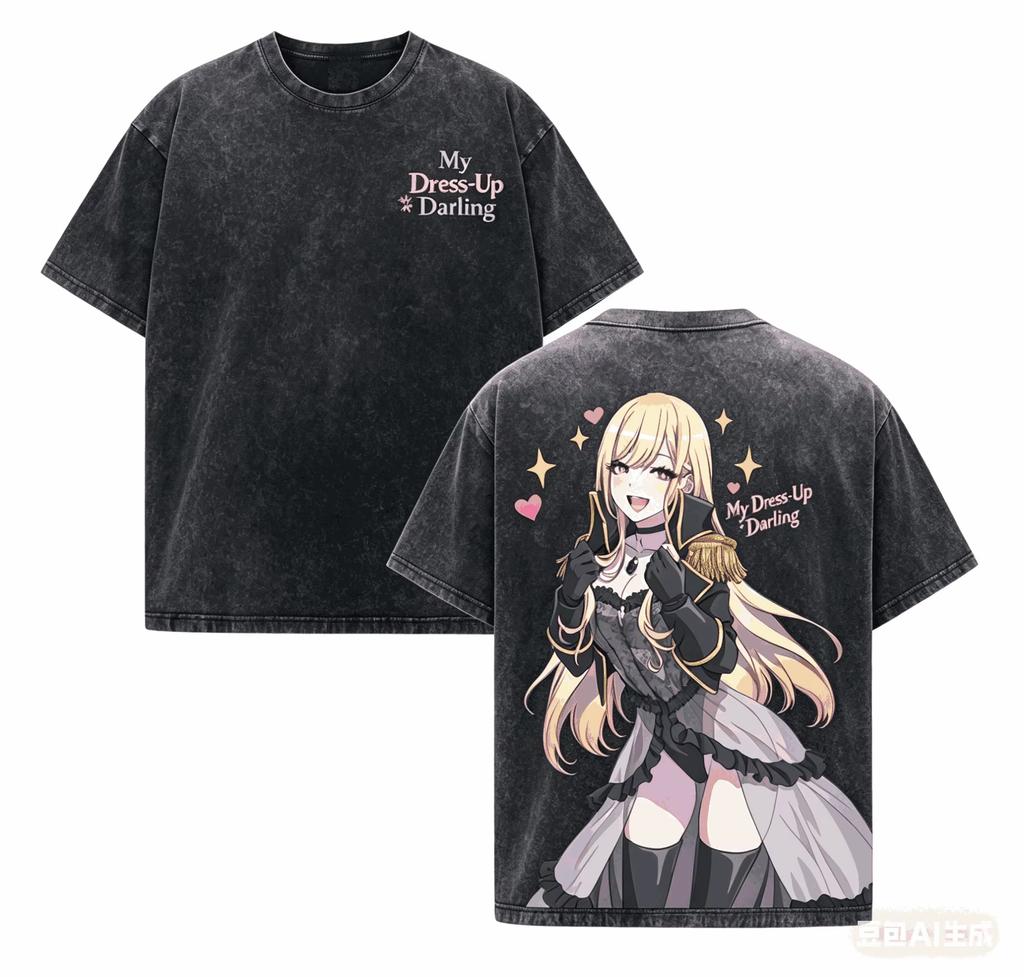 2026 My Dress-Up Darling Marin Kitagawa Double-Sided Printed Black Washed Loose Pure Cotton Casual Street Style Fan T-shirt