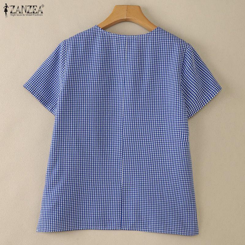 ZANZEA Women Casual V-Neck Grid Print Loose Short Sleeve Blouse