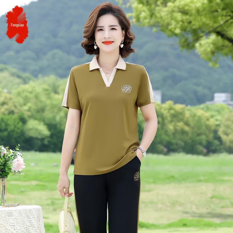 Women s Mid-Age Summer Short-Sleeve Sportswear Set 4XL