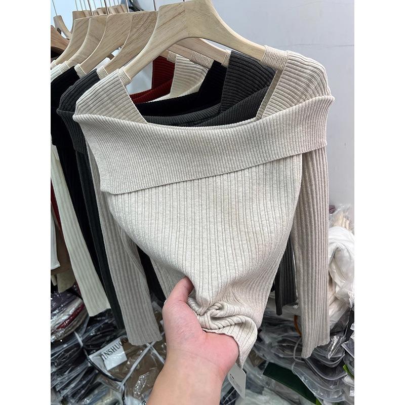 One-word shoulder top women's spring irregular slim-fit Spice Girls knitted sweater niche chic bottoming shirt