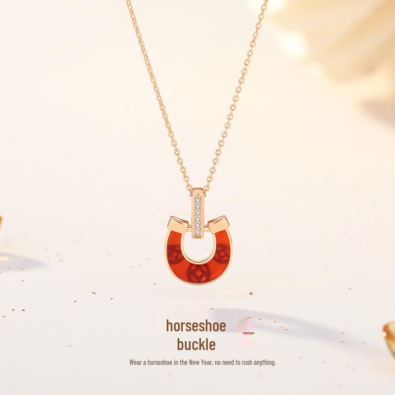 Tichya Red Agate Horseshoe Buckle Necklace, Women's S925 Sterling Silver, Chinese Style Niche Coin Collarbone Chain