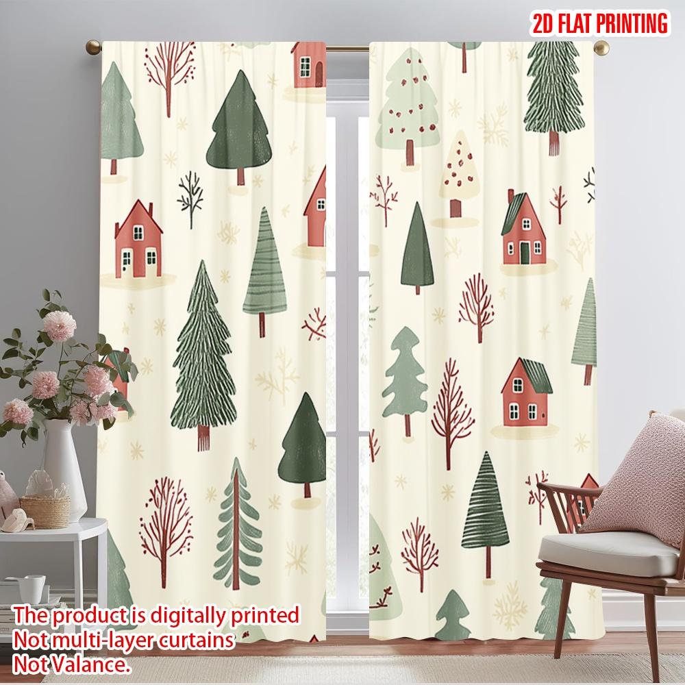 

2pcs 2D plane printing Curtain Fabric Cute Winter Village Trees Houses (3) 100% Polyester (without rod) All Seasons Ldeal for 100*130 Rod Pocket 1pcs