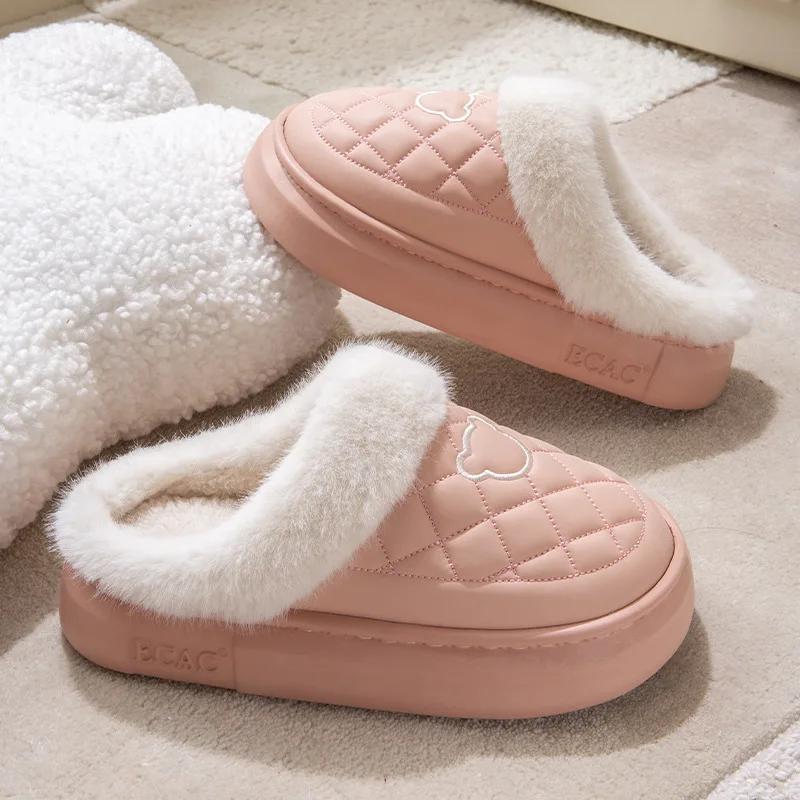 Fashion Women Fur Fuzzy Slippers Outdoor Waterproof Plush Lined Slides Indoor Antiskid Platform Cotton Shoes Fluffy House Slipper