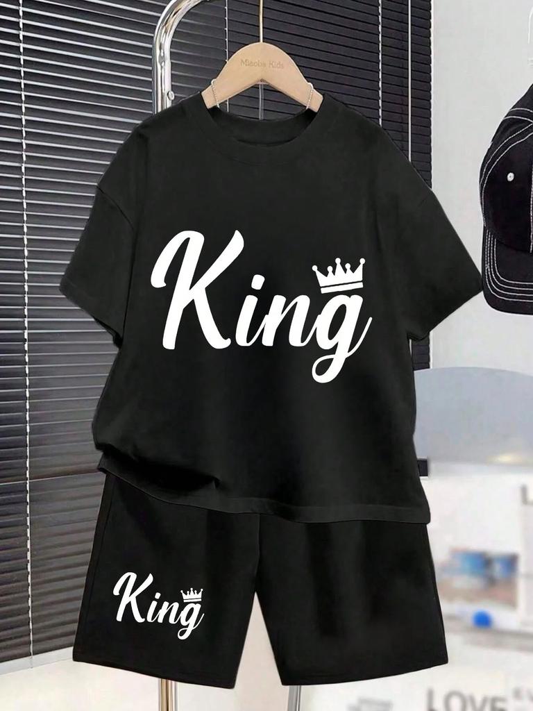 2026 Summer New Children's Set Short Sleeve Shorts Letter Print Crew Neck T-Shirt Comfortable and Soft