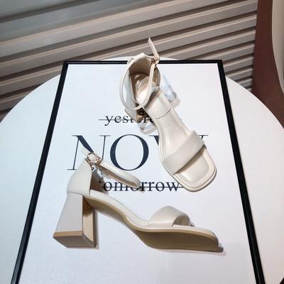 Versatile Temperament Thick-heeled Sandals 2025 Summer New Ladies Style One-word Buckle with Square Head High-heeled Open-toed Roman Shoes