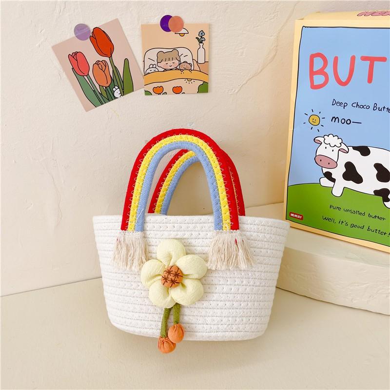 Children's Handbag Cotton Rope Woven Bag Gift Basket Shoulder Cartoon Sunflower Rainbow
