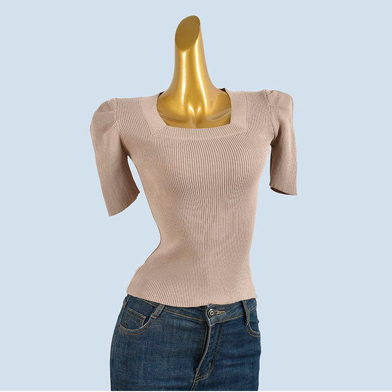 French style Retro Square Collar Puff sleeve Knit Short sleeve Women 2025 Summer Slim fit Slimming Versatile Top