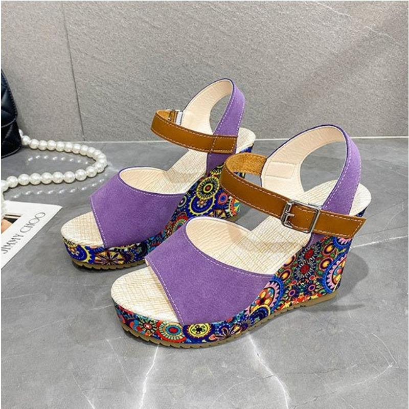 

Fish mouth wedge heel sandals women s new summer fashion color matching muffin platform casual one-word large size sandals 42 фиолетовый