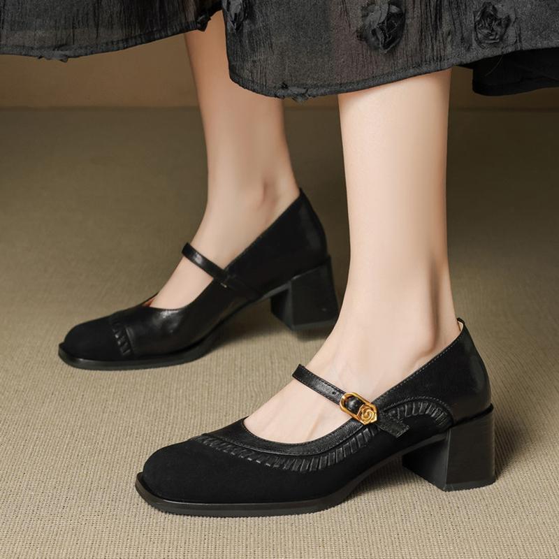 Fashion NEW Autumn/Spring Women Pumps Sheep Suede Leather Shoes for Women Round Toe Chunky Heel Shoes Buckle Strap High Heel Daily Shoes