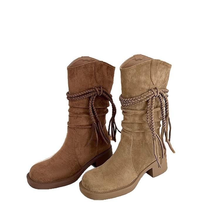 Thick-soled waste style retro knight boots women's 2025 new matte woven fringed hemp rope thick heel medium boots