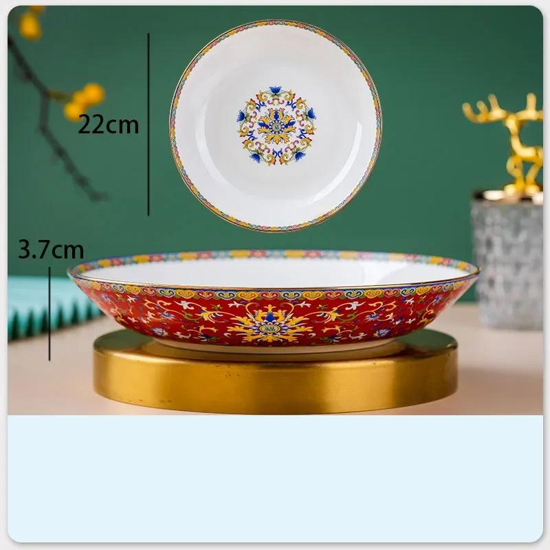 Emaljröd Keramisk Middagsservis Tallrikar och Fat Kinesiska Vintage Tallrikar och Skålar Hushålls Porslin Matsal Serveringsbricka