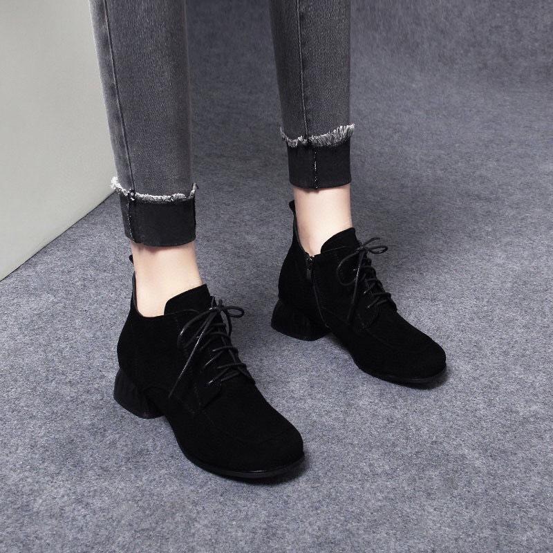 Women's boots 2025 autumn and winter new lace-up foreign black Martin boots straps matte sheepskin round head side zipper short boots