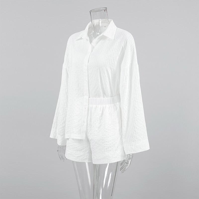 

Белая хлопковая женская одежда, повседневный комплект из коротких брюк, 2025 летняя новинка, женская жаккардовая модная свободная рубашка с длинным рукавом и шорты S белый