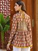 Brown Handblock Printed A-Line Peplum Top with Tie-Up Detail