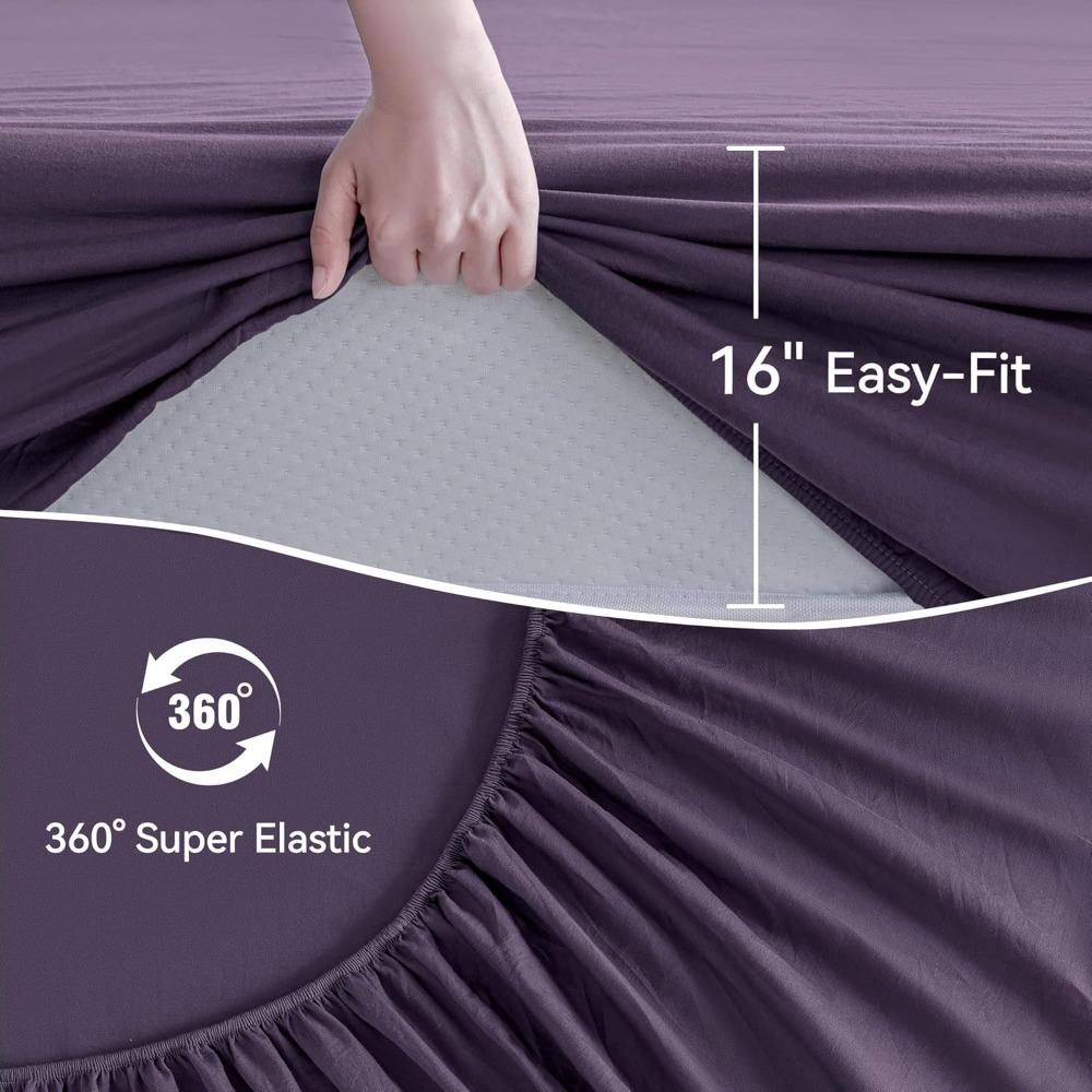 JELLYMONI Sheet Set King Size 4pcs Cotton Purple Easy-Fit 16 Inch Deep Pocket 100% Washed Cotton Soft Breathable (1 Fitted Sheet