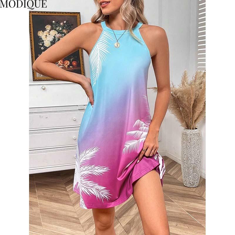 MODIQUE 2025 Summer New Women's Sexy Gradient Print Off The Shoulder Short Dress Ladies Casual H-Line Hot O-Neck Dress