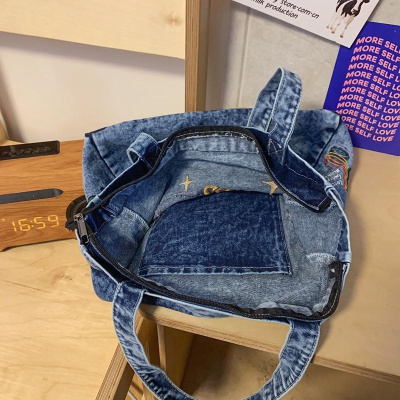 Большая вместительная холщовая сумка женская стираная джинсовая сумка-тоут студенческий — фото 16