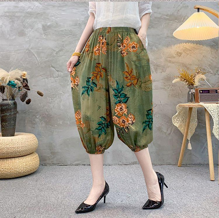 Summer Retro Loose Elastic High Waisted Harem Pants Ethnic Print Seven Quarter Pants Lantern Pants for Women