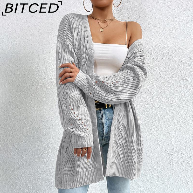 BITCED Autumn/Winter Oversized Mid-Length Cardigan Knitwear V-Neck Solid Colour Knit Top