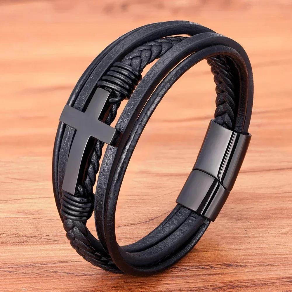 2025 Luxury Multicolor Cross Design Classic Stainless Steel Men's Leather Bracelet 19/21/23cm Choose Handsome Christmas Gifts