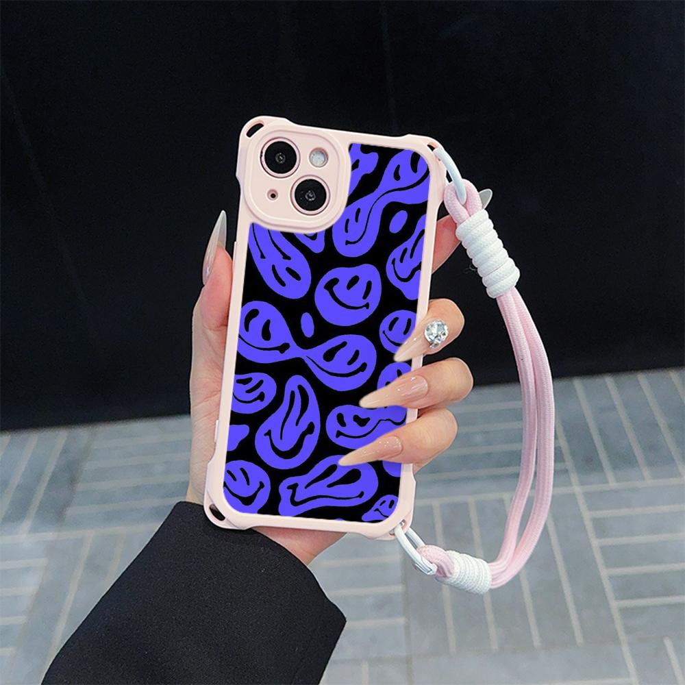 Ae88 Lovely Smiley Art Soft Phone Cases for iPhone 16 15 14 13 12 11 Pro Max XR with Wrist Strap Lanyard Corner Protection Back Cover