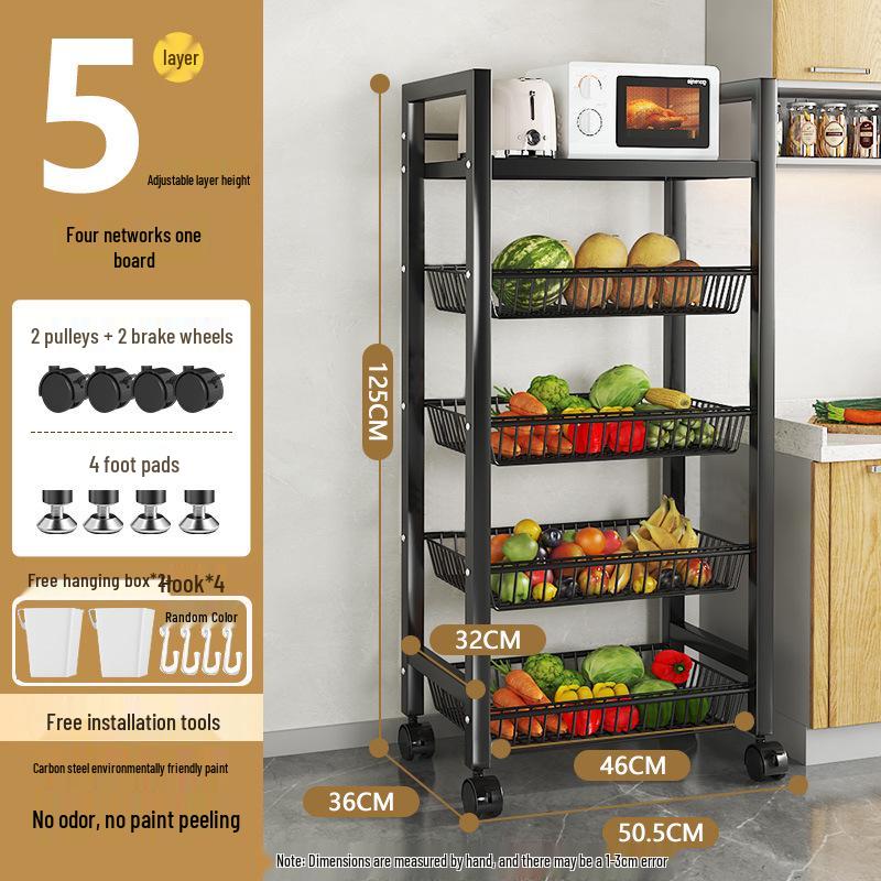 Multi-layer Movable Kitchen and Bathroom Storage Trolley and Vegetable Basket