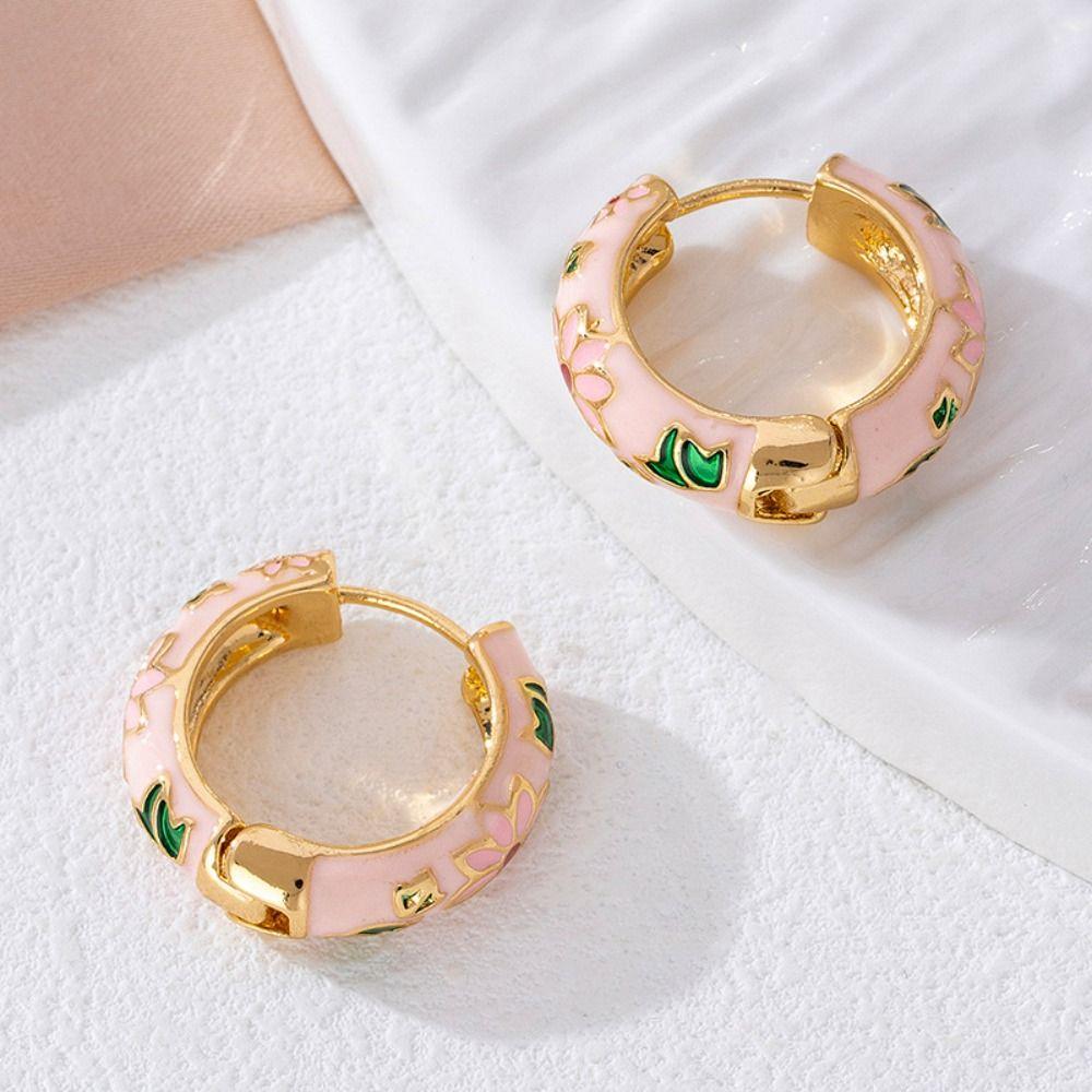 Classic Flower Enamel Earrings Traditional Hoop Ear Buckle Hawaiian Chinese Style Earrings  Jewelry