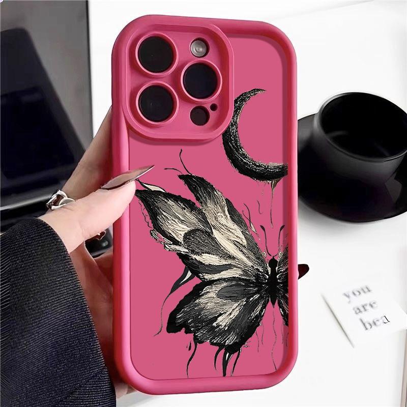 Fashion Moon Butterfly Pattern Case For iPhone 16 Pro Max 15 Plus 14 13 12 Pro 11 TPU Soft Matte Silicone Shockproof Lens Protection Phone Cover