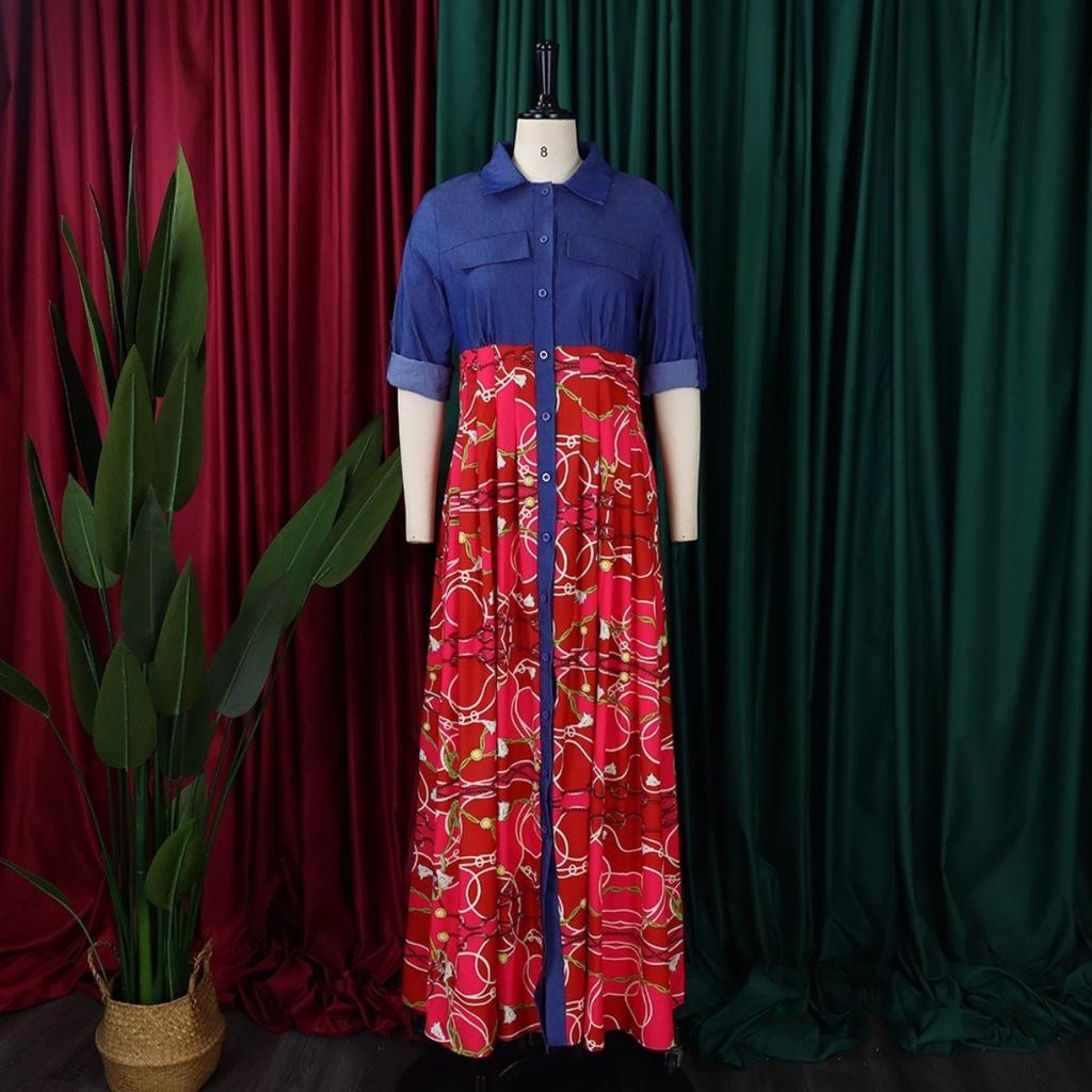 LYRIA Women Long Sleeve Printing Red Blue Long Dress Maxi Dress