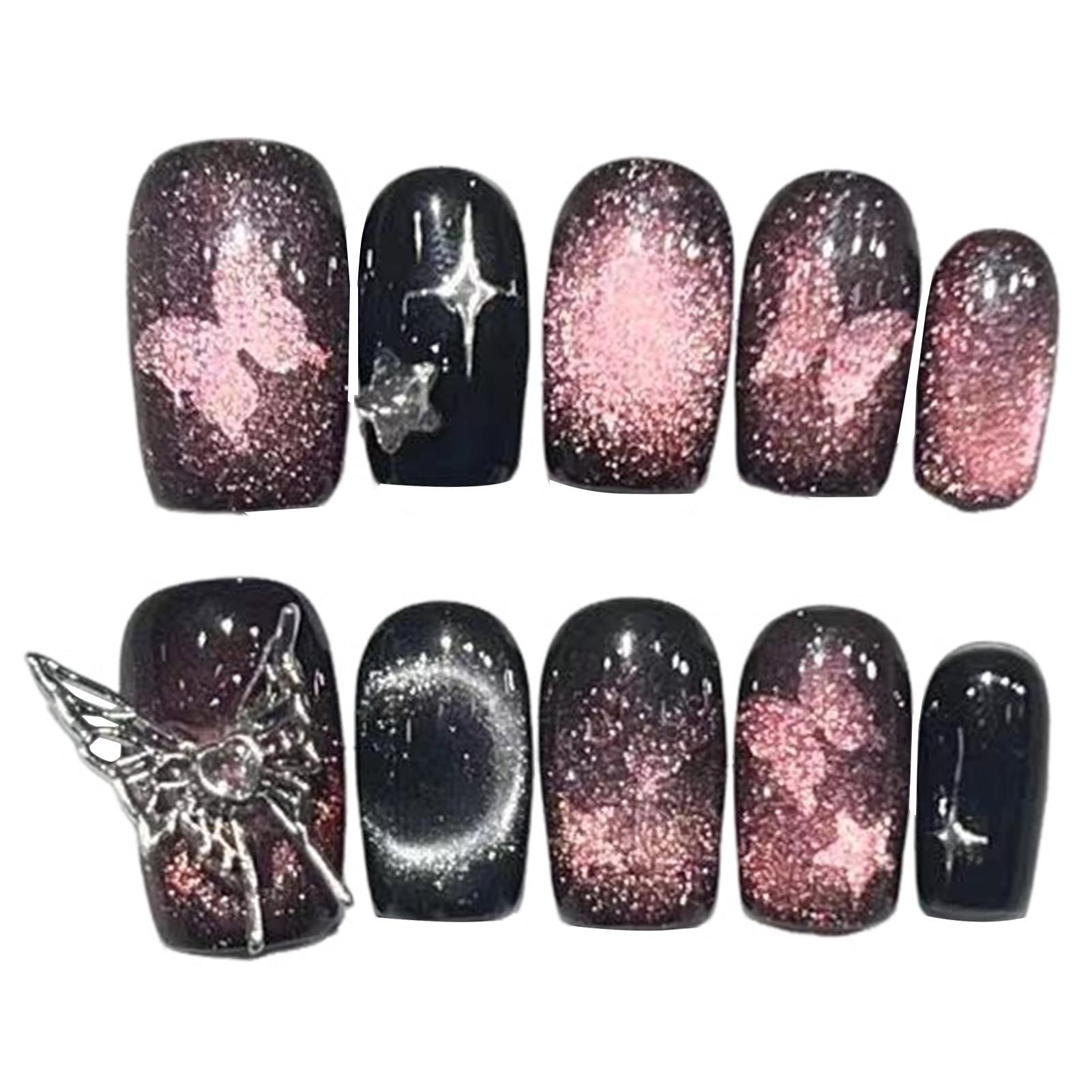 10Pcs Artificial Nails Metal Butterfly Design Handmade Cat Eye Style for Women XS чёрный
