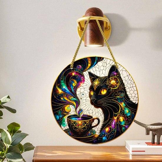 Stylish Cat Hanging Sign Moon Halloween Window Decor, Mystical Black Round Modern Room Decor for Indoor Outdoor Wall Art, Gothic Home Porch