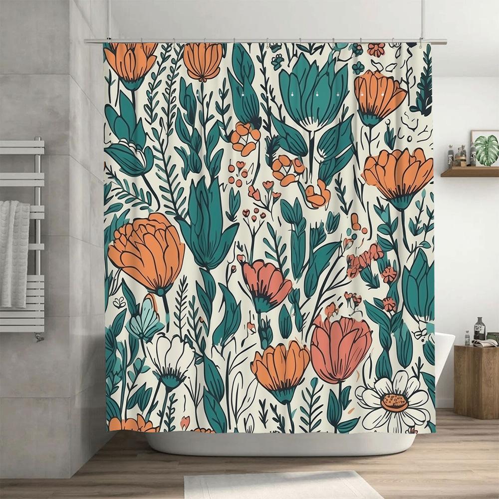 Floral Print Shower Curtain Waterproof Bathroom Decor Fabric Shower Caves With Hooks, Green Orange 3D Pattern (72X84 Inches)